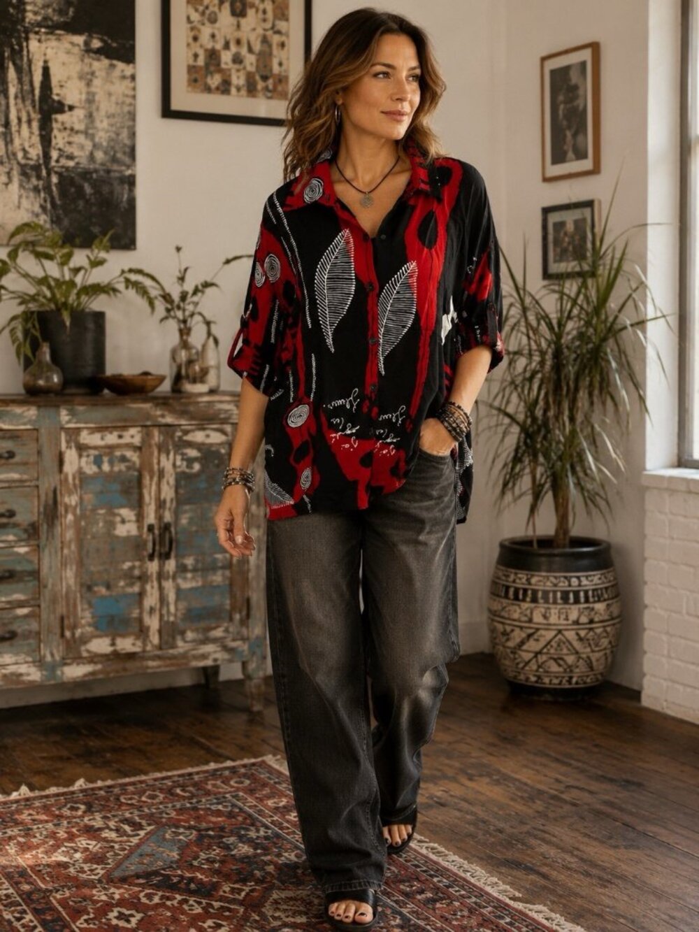 Vintage 90s Separate Issue Womens Rayon Blouse Abstract Red Black 20W USA